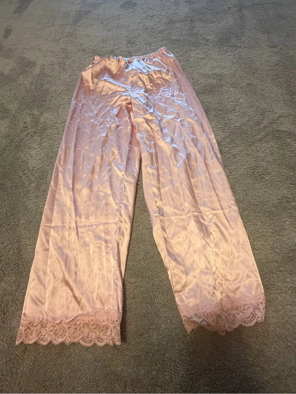 Women's Pink Satin Lace Trim Pajama Set -M